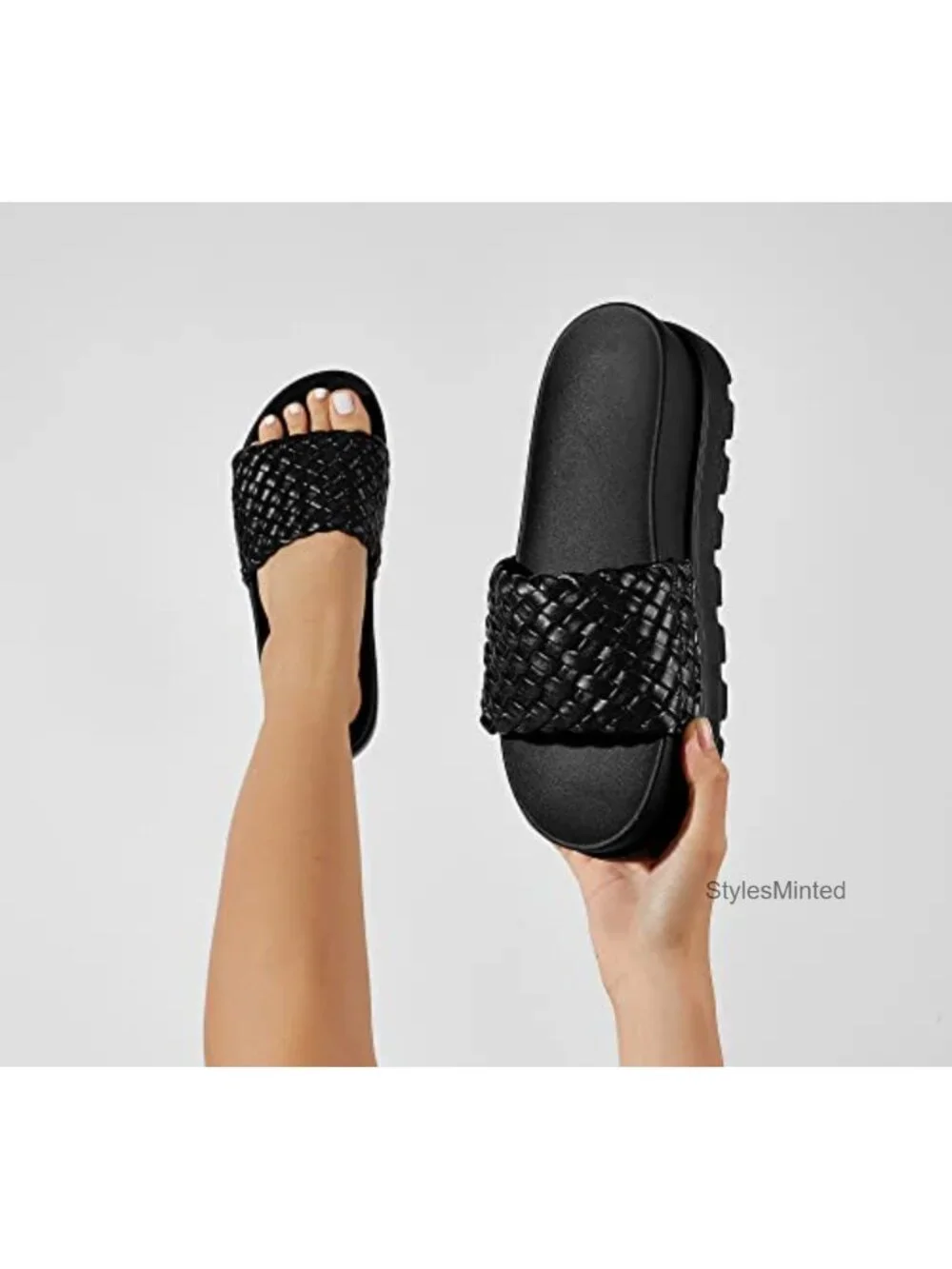 Women's Platform Slide Sandals - Braided Vegan PU Straps, Comfortable Slip-On